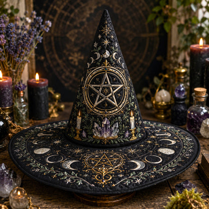 Pentacle Witch Hat – Moon Phase Wiccan Altar Protection Brim Hat – worn, front view
