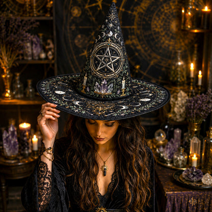 Pentacle Witch Hat – Moon Phase Wiccan Altar Protection Brim Hat – quilting and print detail