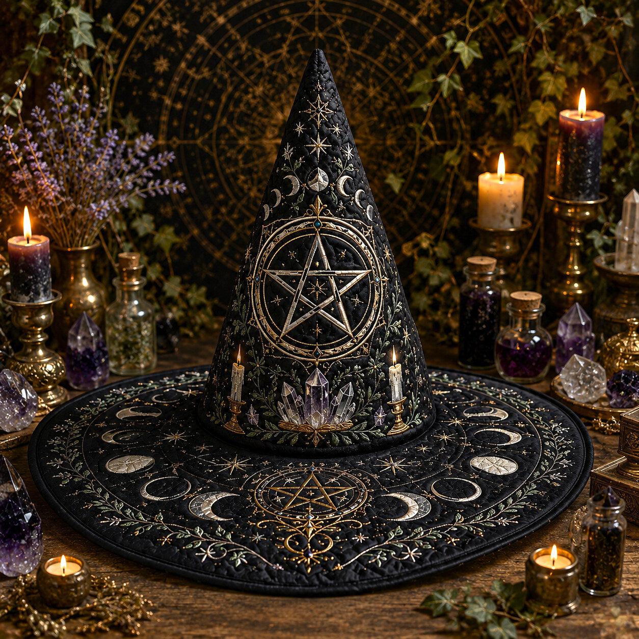 Pentacle Witch Hat – Moon Phase Wiccan Altar Protection Brim Hat – held in both hands