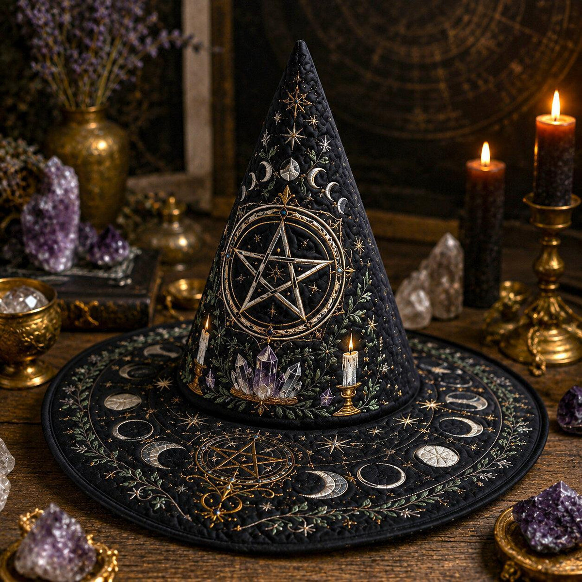 Pentacle Witch Hat – Moon Phase Wiccan Altar Protection Brim Hat – on an altar table