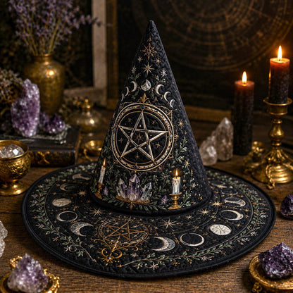 Pentacle Witch Hat – Moon Phase Wiccan Altar Protection Brim Hat – on an altar table