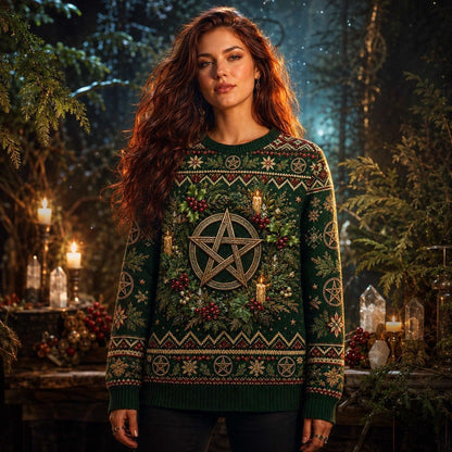 Yule Pentacle Sweater Fir Wreath Candle Winter Pagan Knit worn, front view