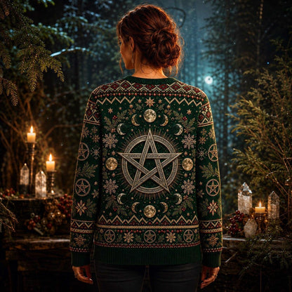 Yule Pentacle Sweater Fir Wreath Candle Winter Pagan Knit worn, back view