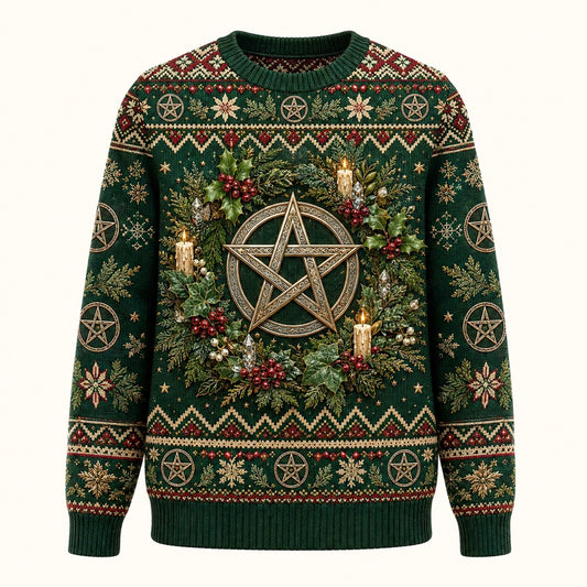 Yule Pentacle Sweater Fir Wreath Candle Winter Pagan Knit front view