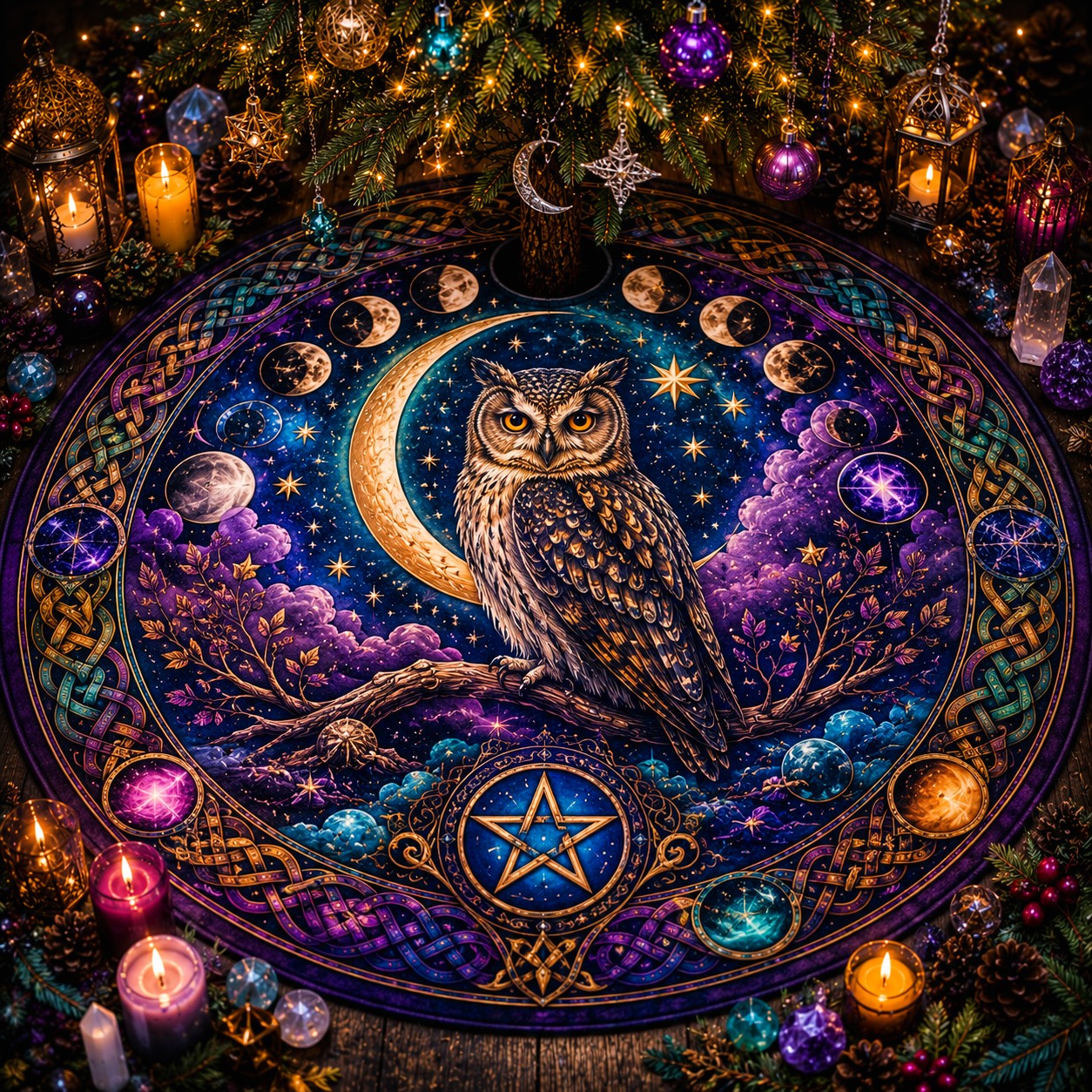 Decorative christmas tree skirt with an owl, moon, and star design, surrounded by candles and crystals.