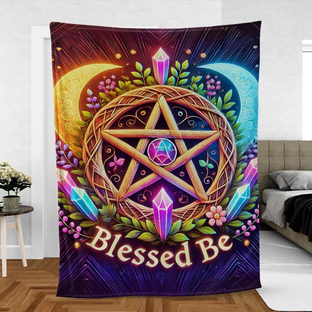 Pentagram Blanket – Witchcraft Wiccan Throw with Pagan Pentacle & Moon Phases-MoonChildWorld