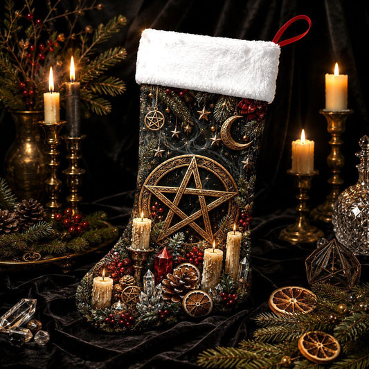 Pentagram Candles Christmas Stocking Pagan Yule Altar Decor, styled shot 3
