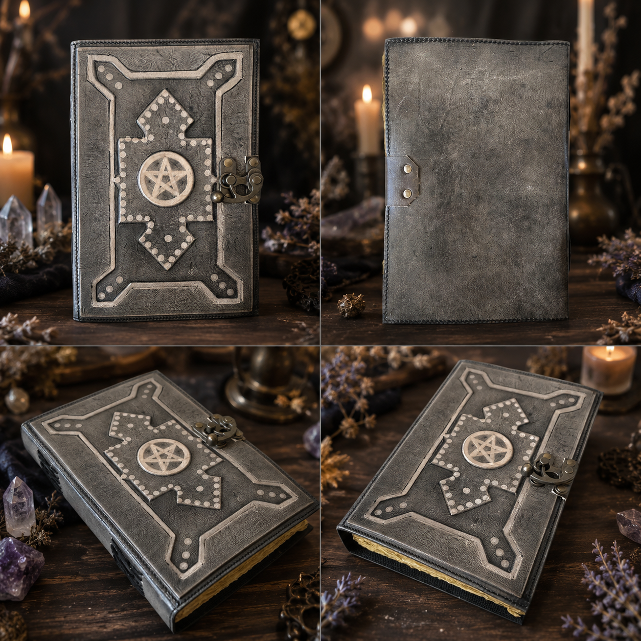 Pentagram embossed leather journal – vintage handmade witch grimoire, blank deckle edge pages, view 2