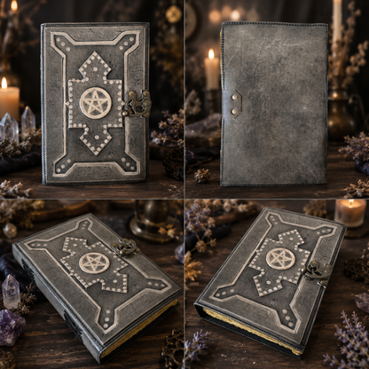 Pentagram embossed leather journal – vintage handmade witch grimoire, blank deckle edge pages, view 2