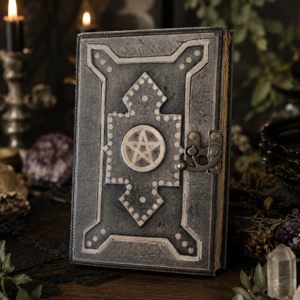 Pentagram embossed leather journal – vintage handmade witch grimoire, blank deckle edge pages, view 3