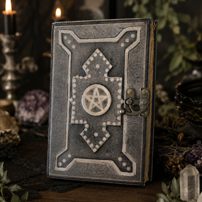 Pentagram embossed leather journal – vintage handmade witch grimoire, blank deckle edge pages, view 3