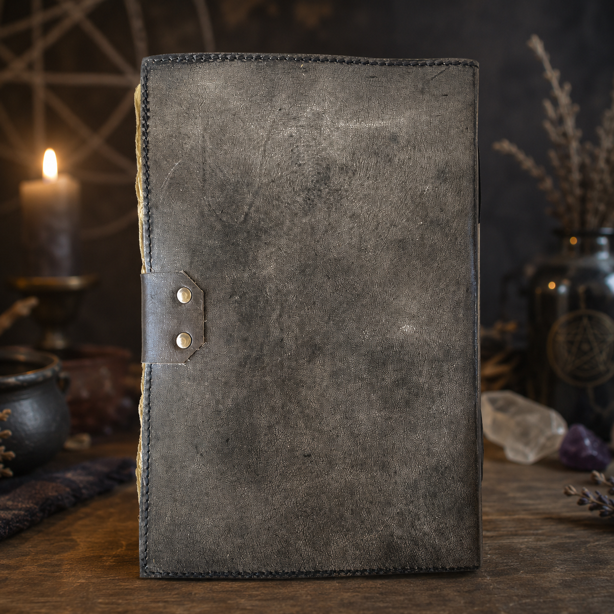 Pentagram embossed leather journal – vintage handmade witch grimoire, blank deckle edge pages, view 4