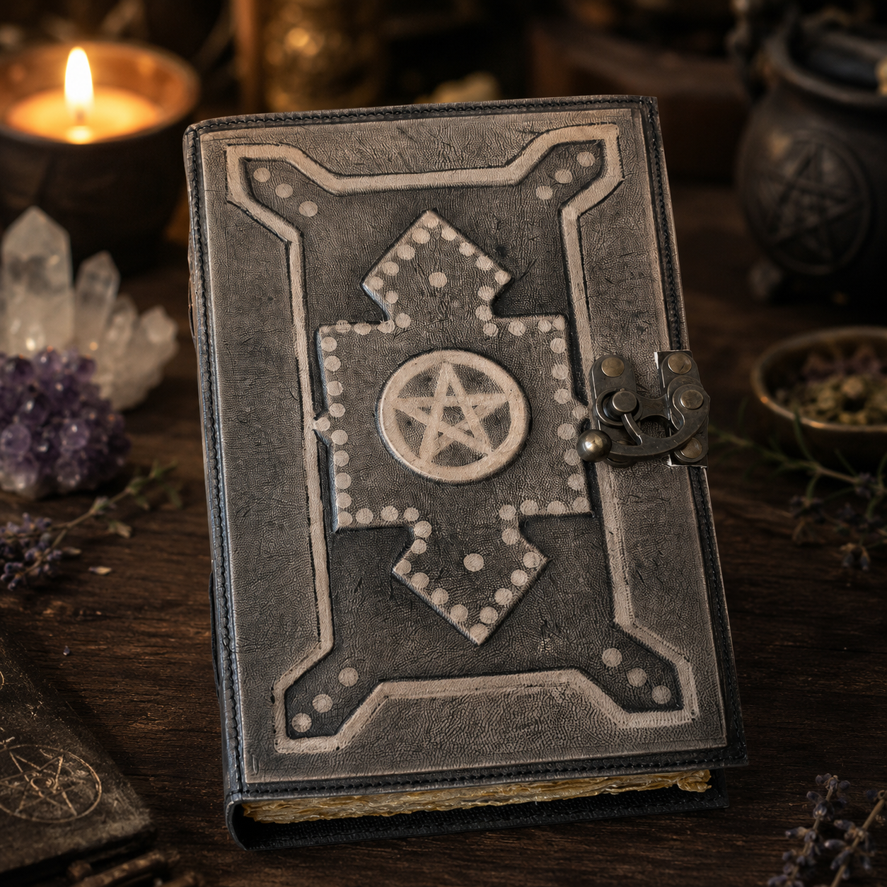 Pentagram embossed leather journal – vintage handmade witch grimoire, blank deckle edge pages, view 1