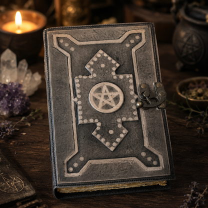 Pentagram embossed leather journal – vintage handmade witch grimoire, blank deckle edge pages, view 1