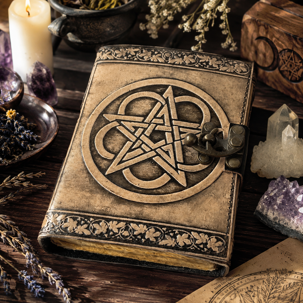Pentagram embossed leather journal with brass lock – witch grimoire book of shadows, deckle pages, view 2