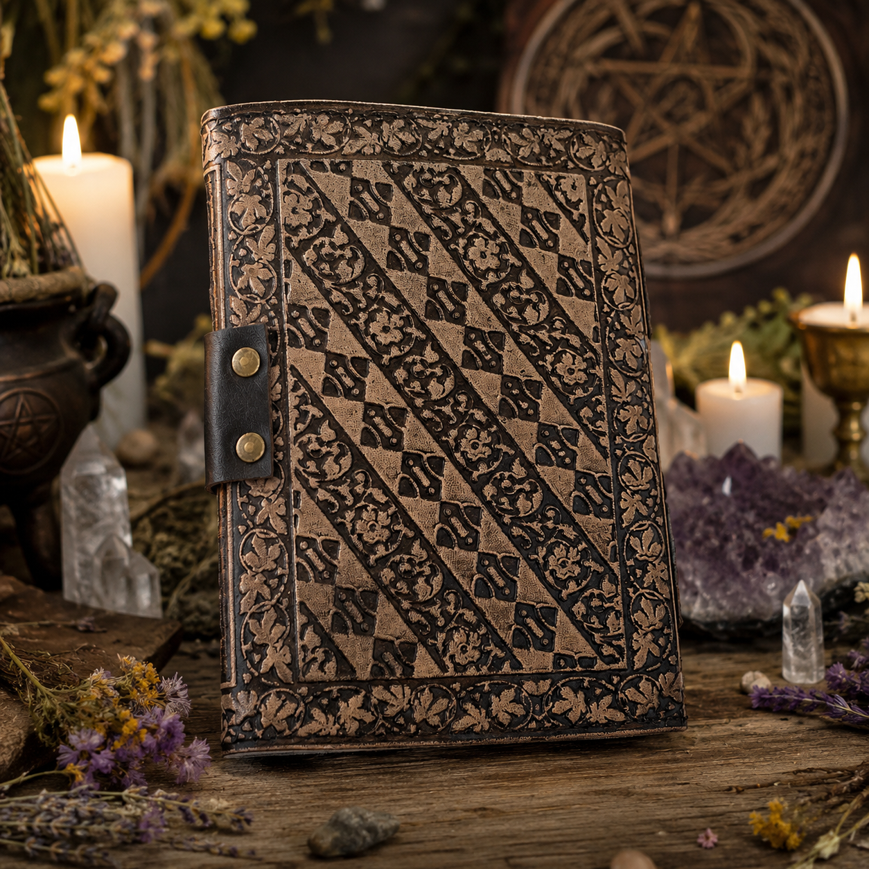 Pentagram embossed leather journal with brass lock – witch grimoire book of shadows, deckle pages, view 3