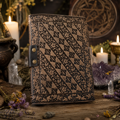 Pentagram embossed leather journal with brass lock – witch grimoire book of shadows, deckle pages, view 3