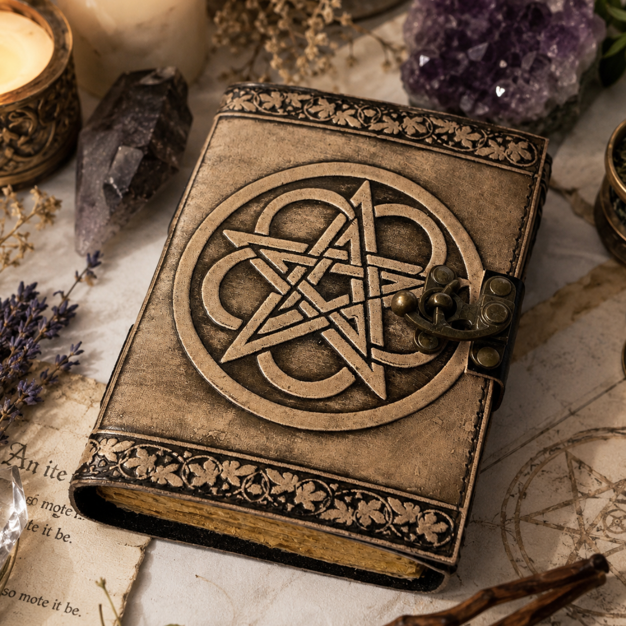Pentagram embossed leather journal with brass lock – witch grimoire book of shadows, deckle pages, view 4