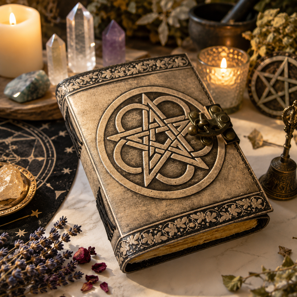 Pentagram embossed leather journal with brass lock – witch grimoire book of shadows, deckle pages, view 5