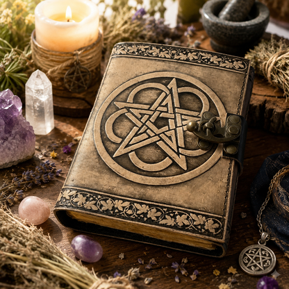 Pentagram embossed leather journal with brass lock – witch grimoire book of shadows, deckle pages, view 6
