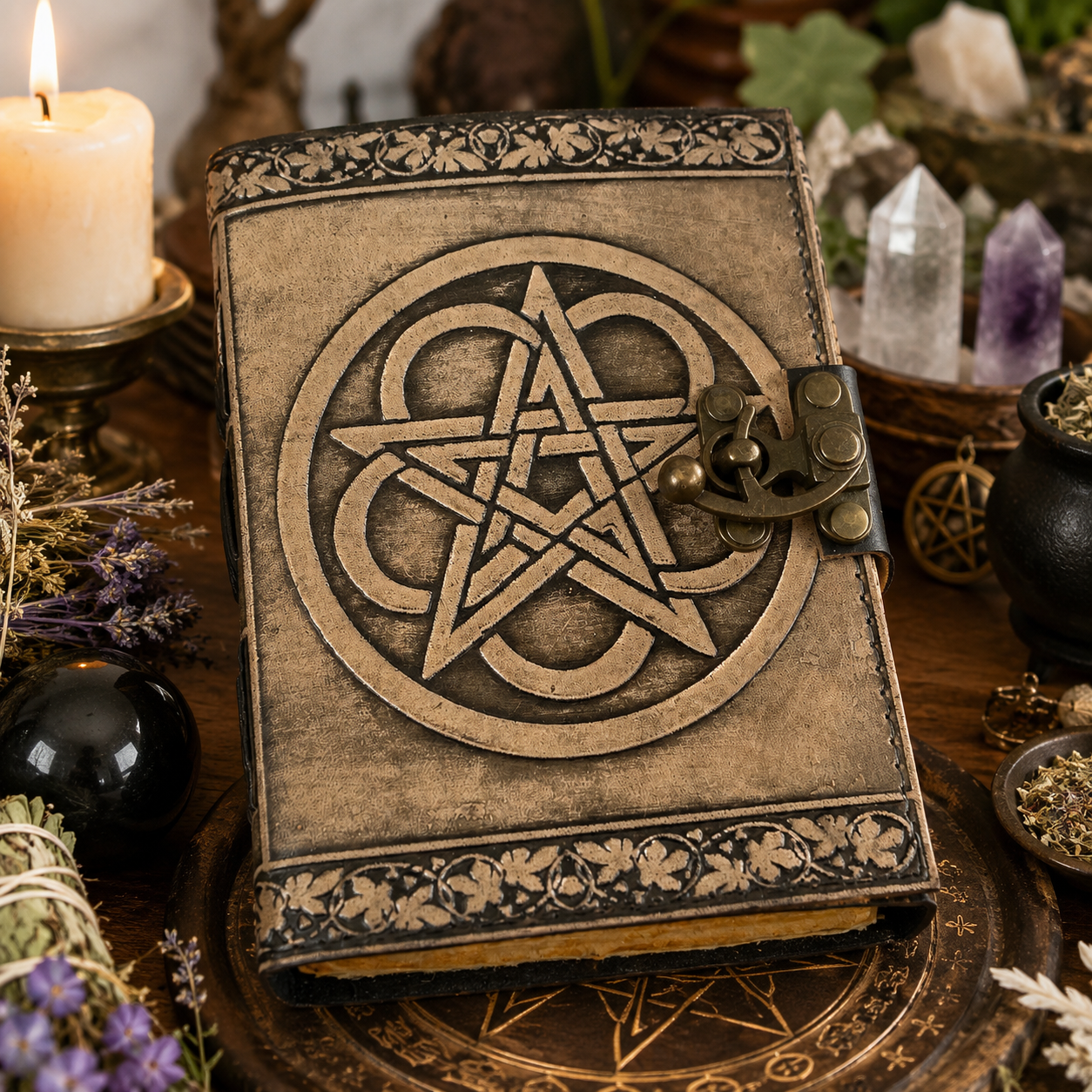 Pentagram embossed leather journal with brass lock – witch grimoire book of shadows, deckle pages, view 1