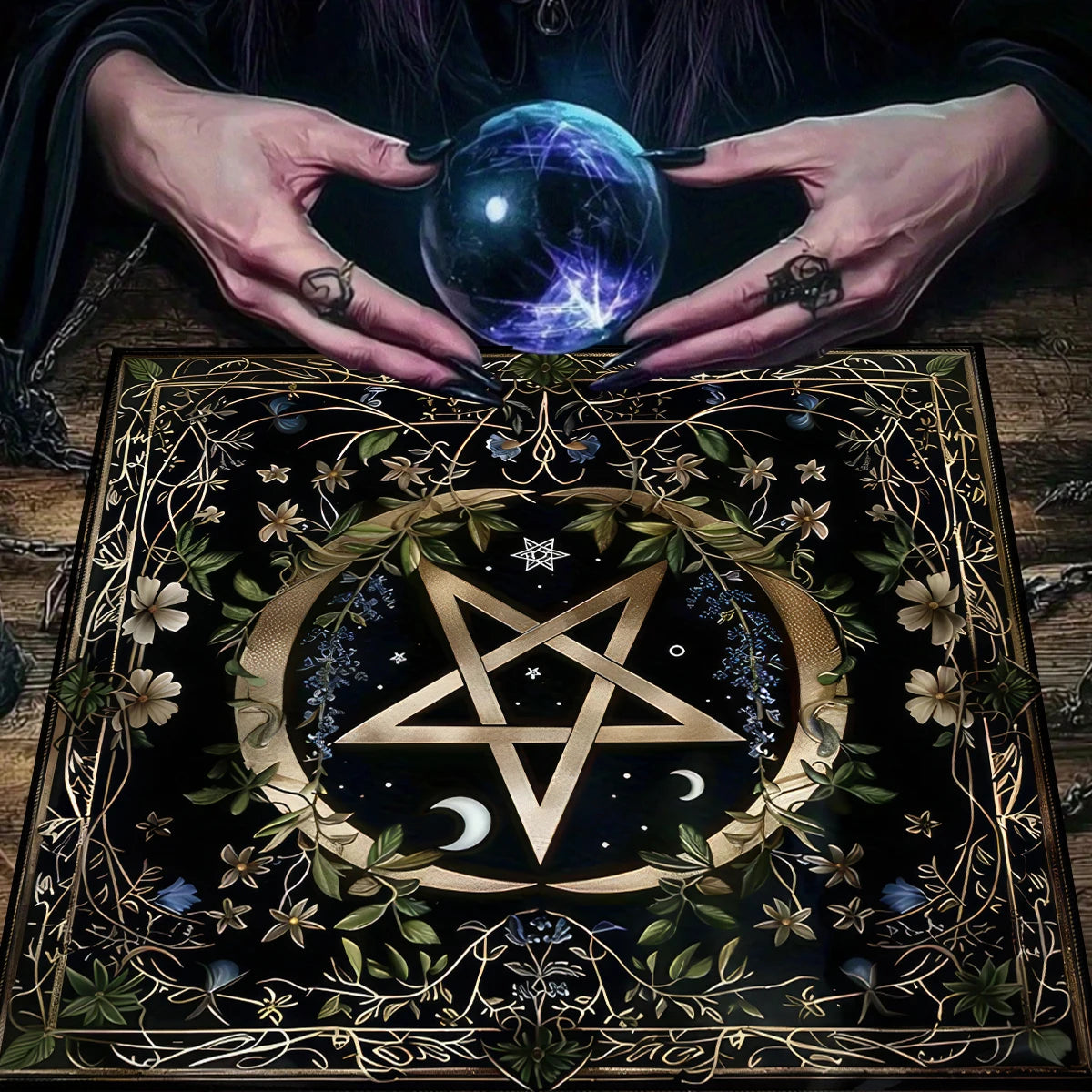 Pentagram Floral Moon Tree of Life Tarot Cloth-MoonChildWorld