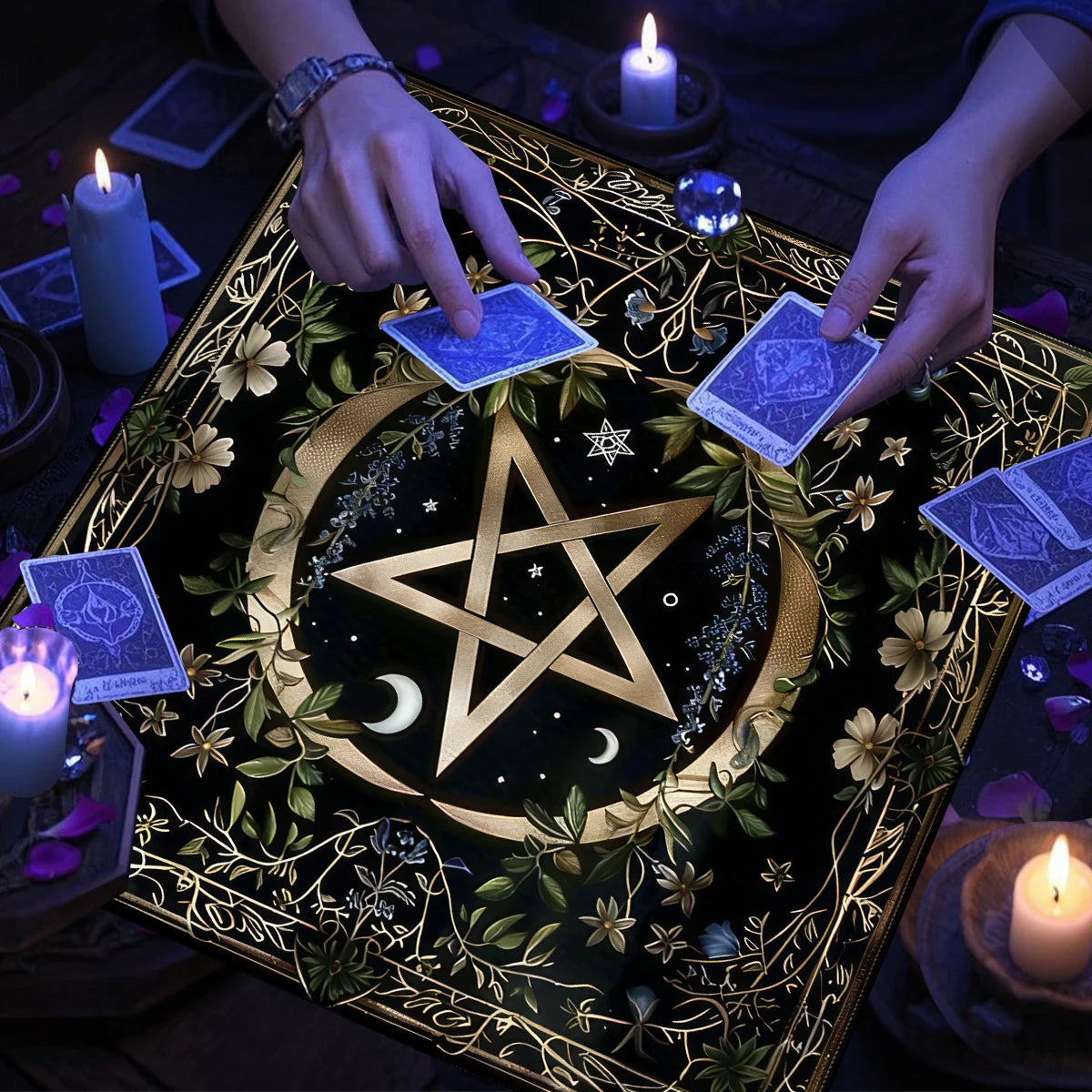 Pentagram Floral Moon Tree of Life Tarot Cloth-MoonChildWorld