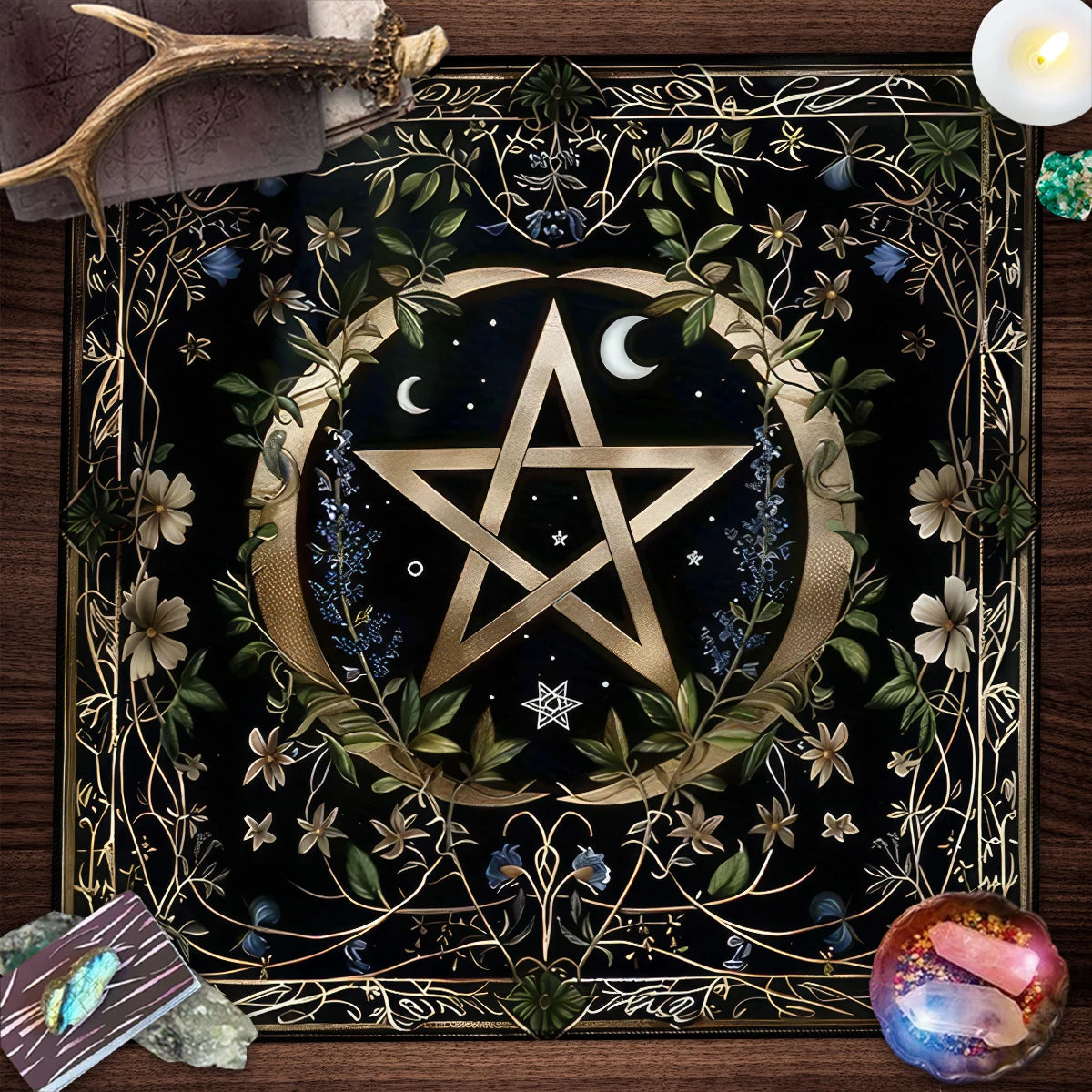 Pentagram Floral Moon Tree of Life Tarot Cloth-MoonChildWorld