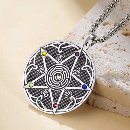 Pentagram Hecate Wheel Necklace with 7 Chakra Stones - Wicca Pagan Celtic Knot Jewelry-MoonChildWorld
