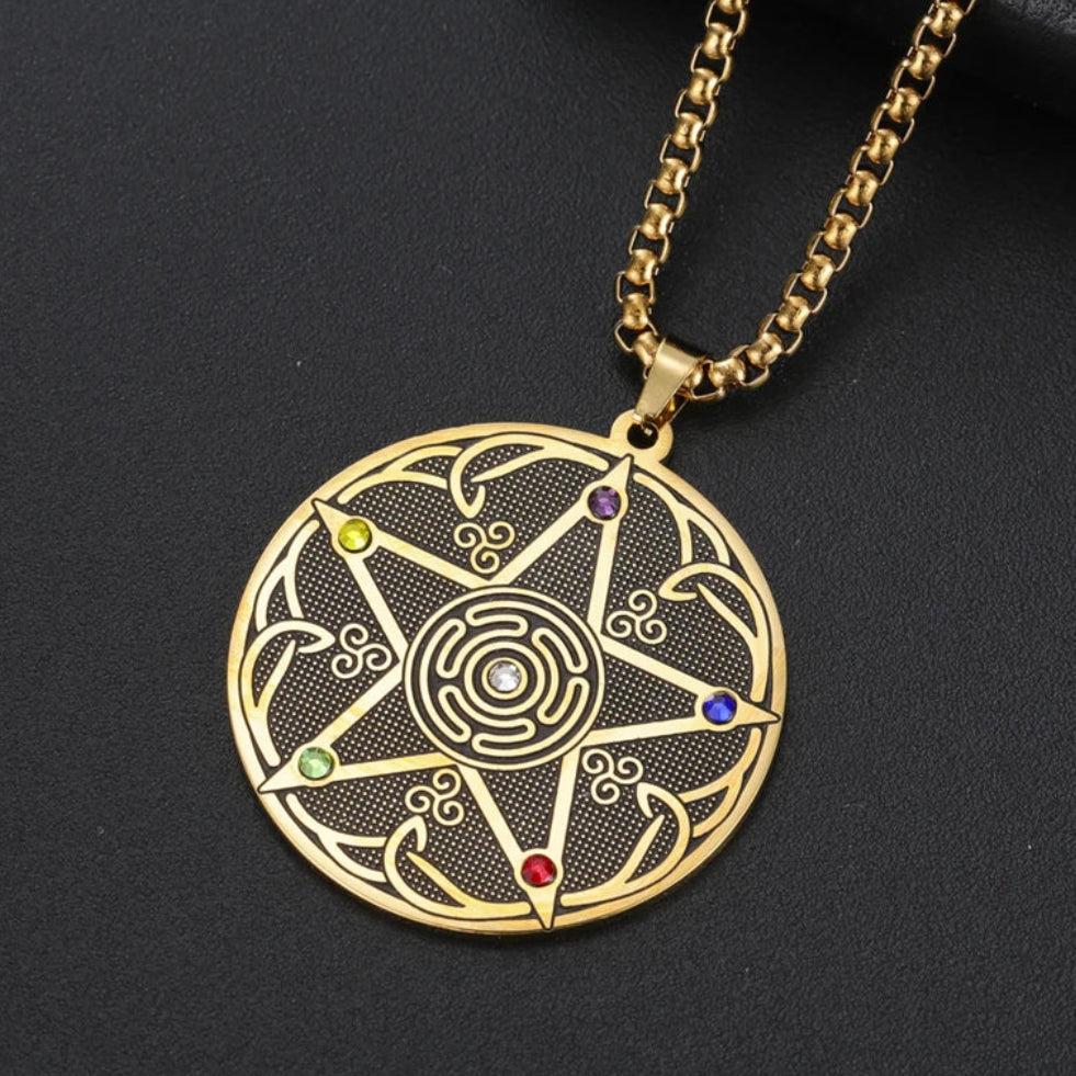 Pentagram Hecate Wheel Necklace with 7 Chakra Stones - Wicca Pagan Celtic Knot Jewelry-MoonChildWorld