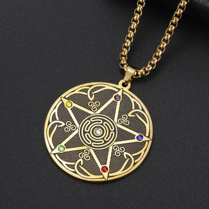 Pentagram Hecate Wheel Necklace with 7 Chakra Stones - Wicca Pagan Celtic Knot Jewelry-MoonChildWorld