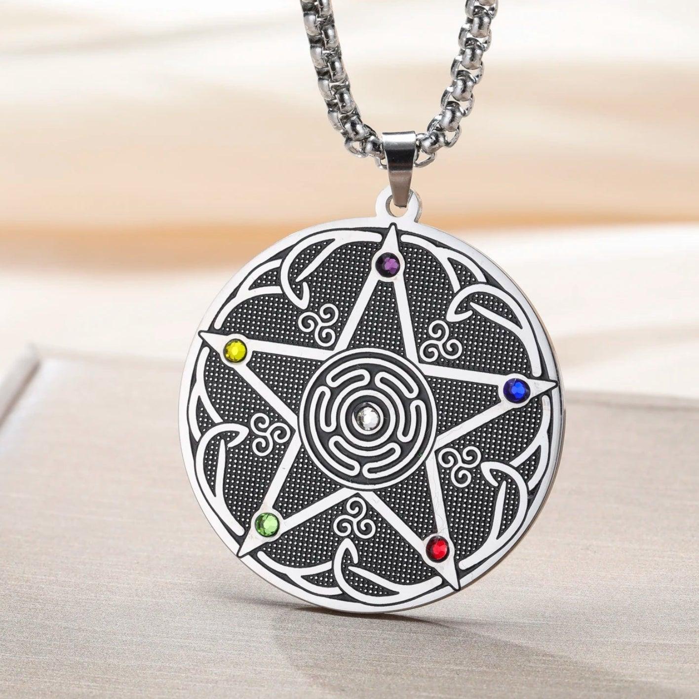 Pentagram Hecate Wheel Necklace with 7 Chakra Stones - Wicca Pagan Celtic Knot Jewelry-MoonChildWorld