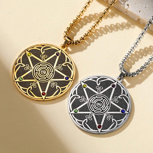 Pentagram Hecate Wheel Necklace with 7 Chakra Stones - Wicca Pagan Celtic Knot Jewelry-MoonChildWorld