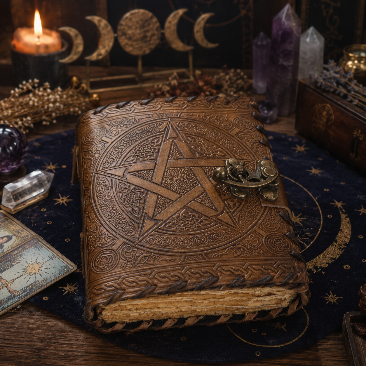 Pentagram leather journal – handmade witch grimoire book of shadows with lock, elemental design, view 2