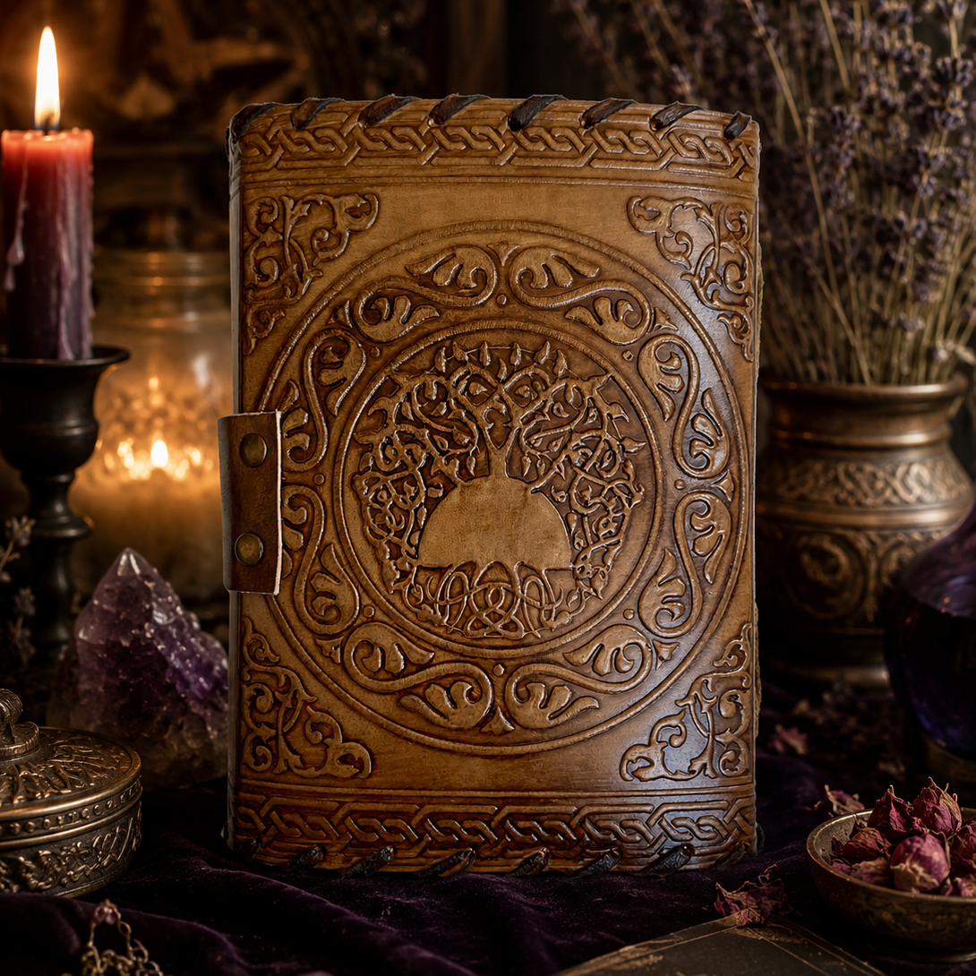 Pentagram leather journal – handmade witch grimoire book of shadows with lock, elemental design, view 3