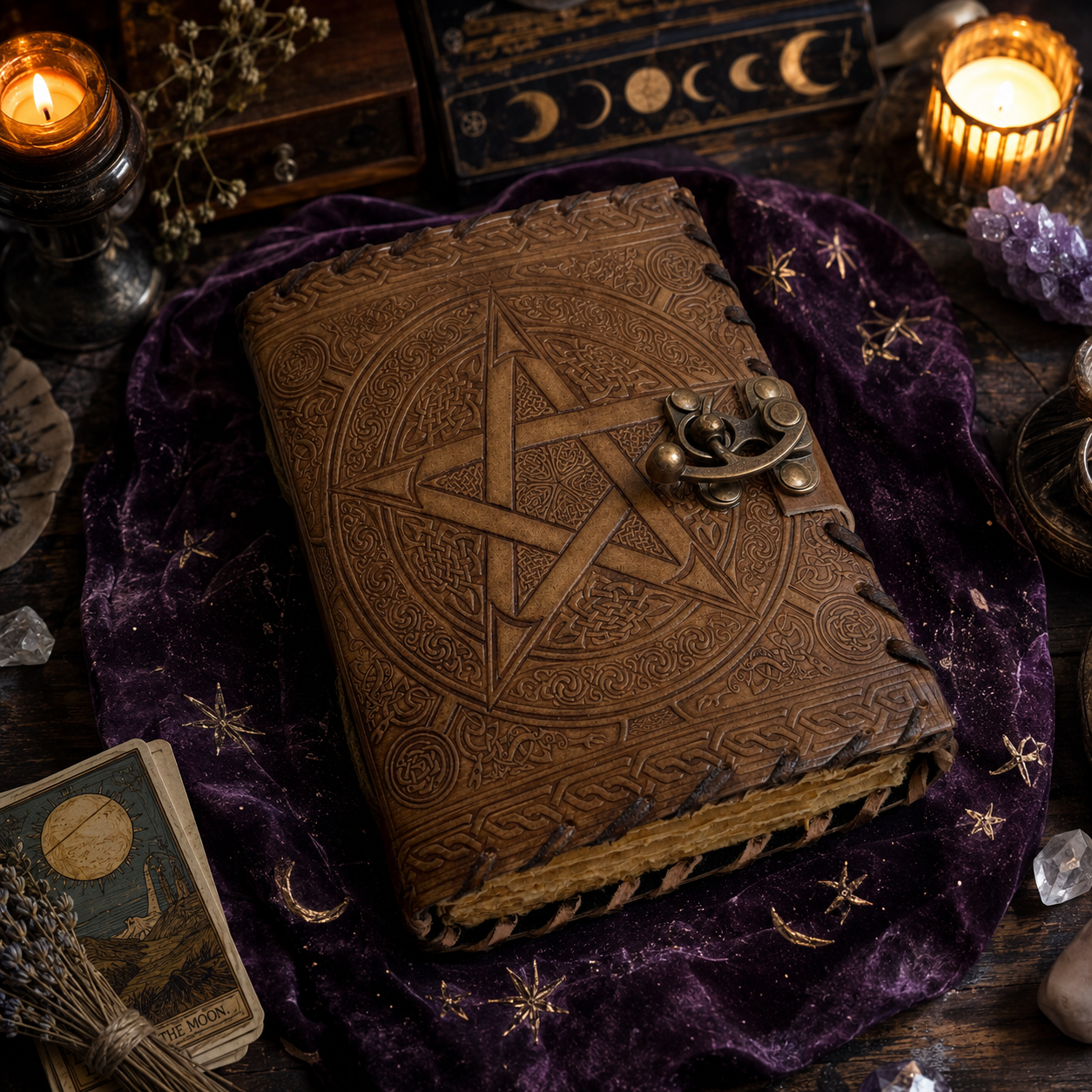 Pentagram leather journal – handmade witch grimoire book of shadows with lock, elemental design, view 4