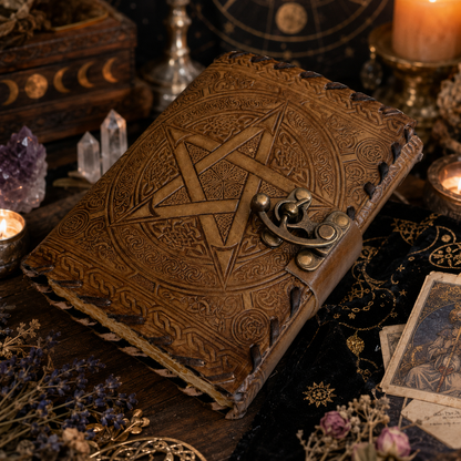 Pentagram leather journal – handmade witch grimoire book of shadows with lock, elemental design, view 1