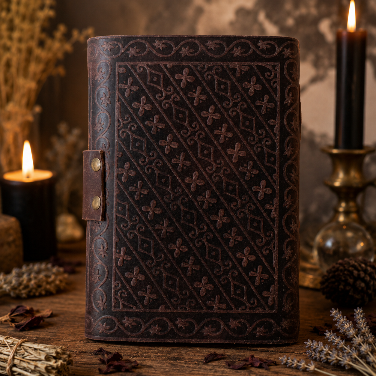Pentagram leather journal with brass lock – handmade witch grimoire book of shadows, deckle pages, view 2