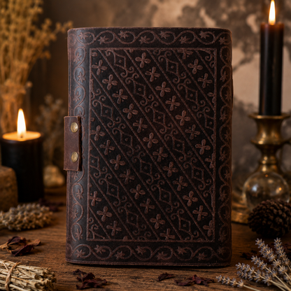 Pentagram leather journal with brass lock – handmade witch grimoire book of shadows, deckle pages, view 2