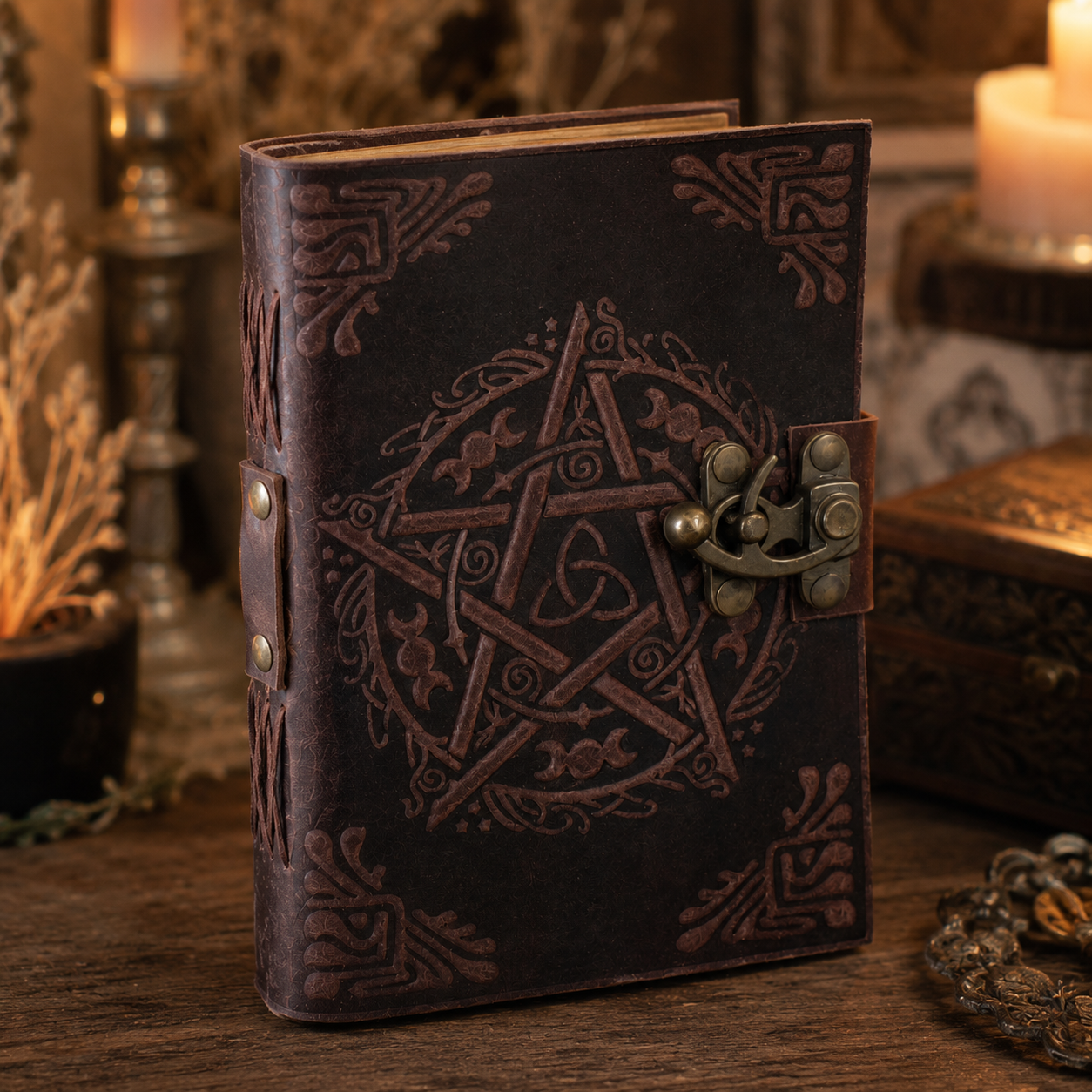 Pentagram leather journal with brass lock – handmade witch grimoire book of shadows, deckle pages, view 3