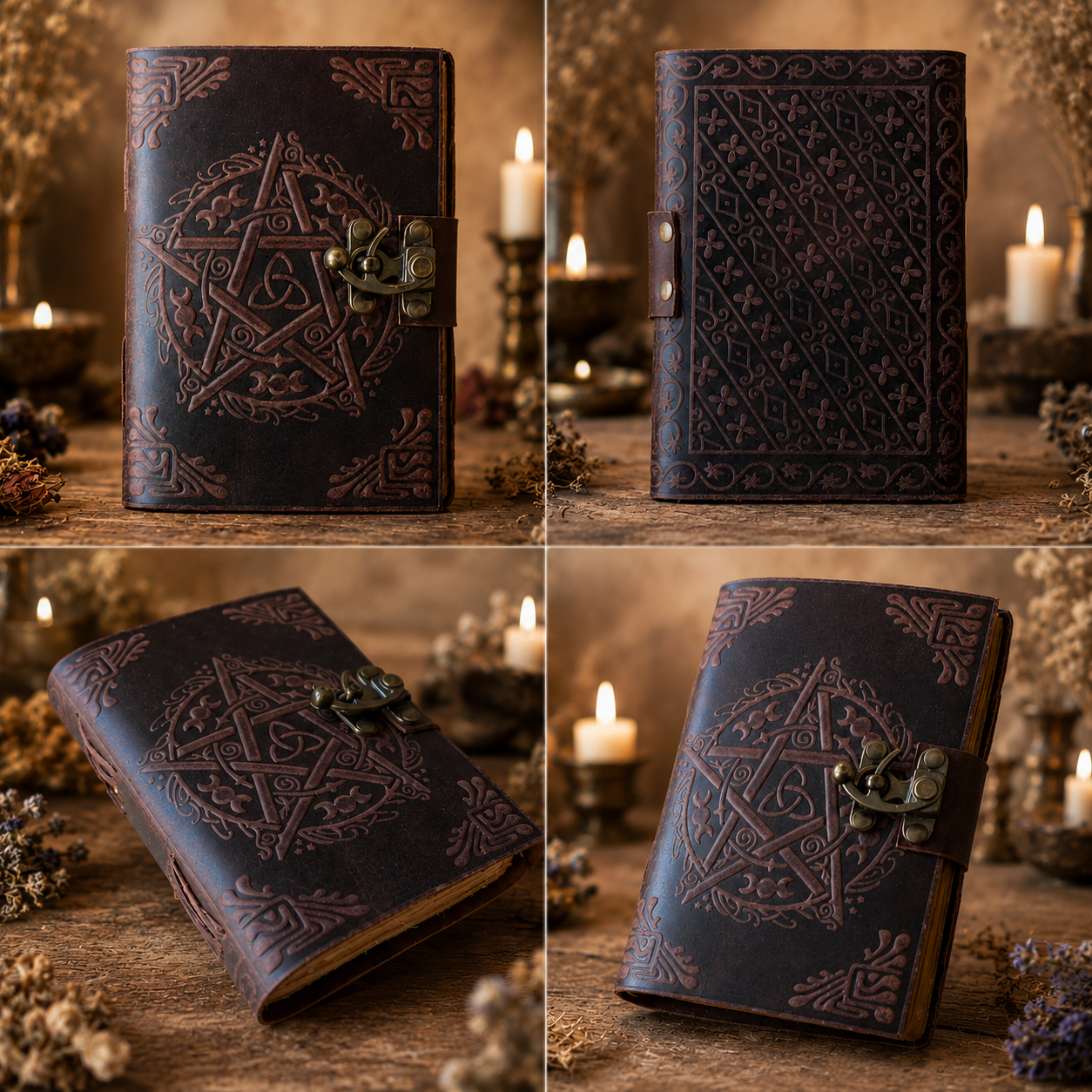 Pentagram leather journal with brass lock – handmade witch grimoire book of shadows, deckle pages, view 4