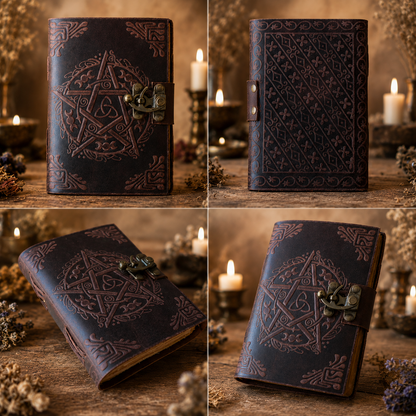 Pentagram leather journal with brass lock – handmade witch grimoire book of shadows, deckle pages, view 4