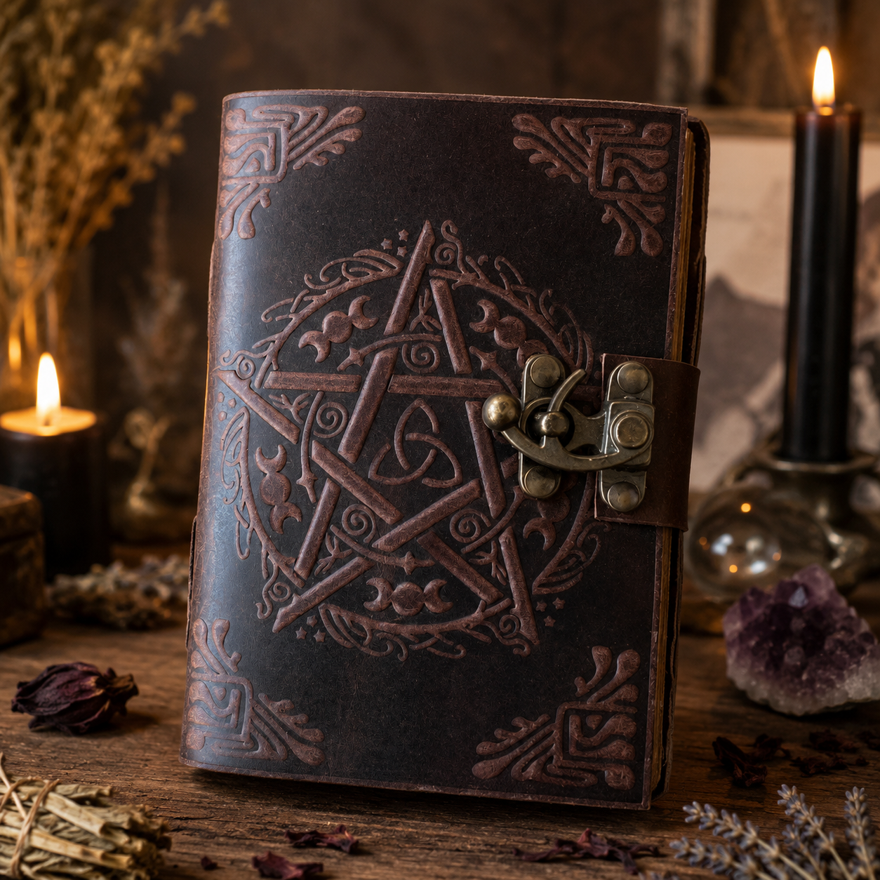 Pentagram leather journal with brass lock – handmade witch grimoire book of shadows, deckle pages, view 1