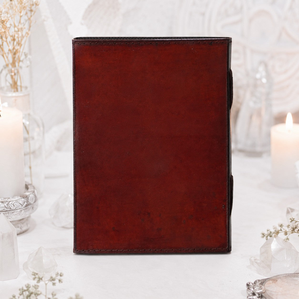 Pentagram Leather Journal with Double Brass Lock – Handmade Witch Grimoire – leather journal, back cover view