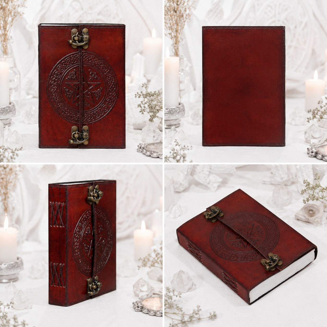 Pentagram Leather Journal with Double Brass Lock – Handmade Witch Grimoire – leather journal, open blank pages view