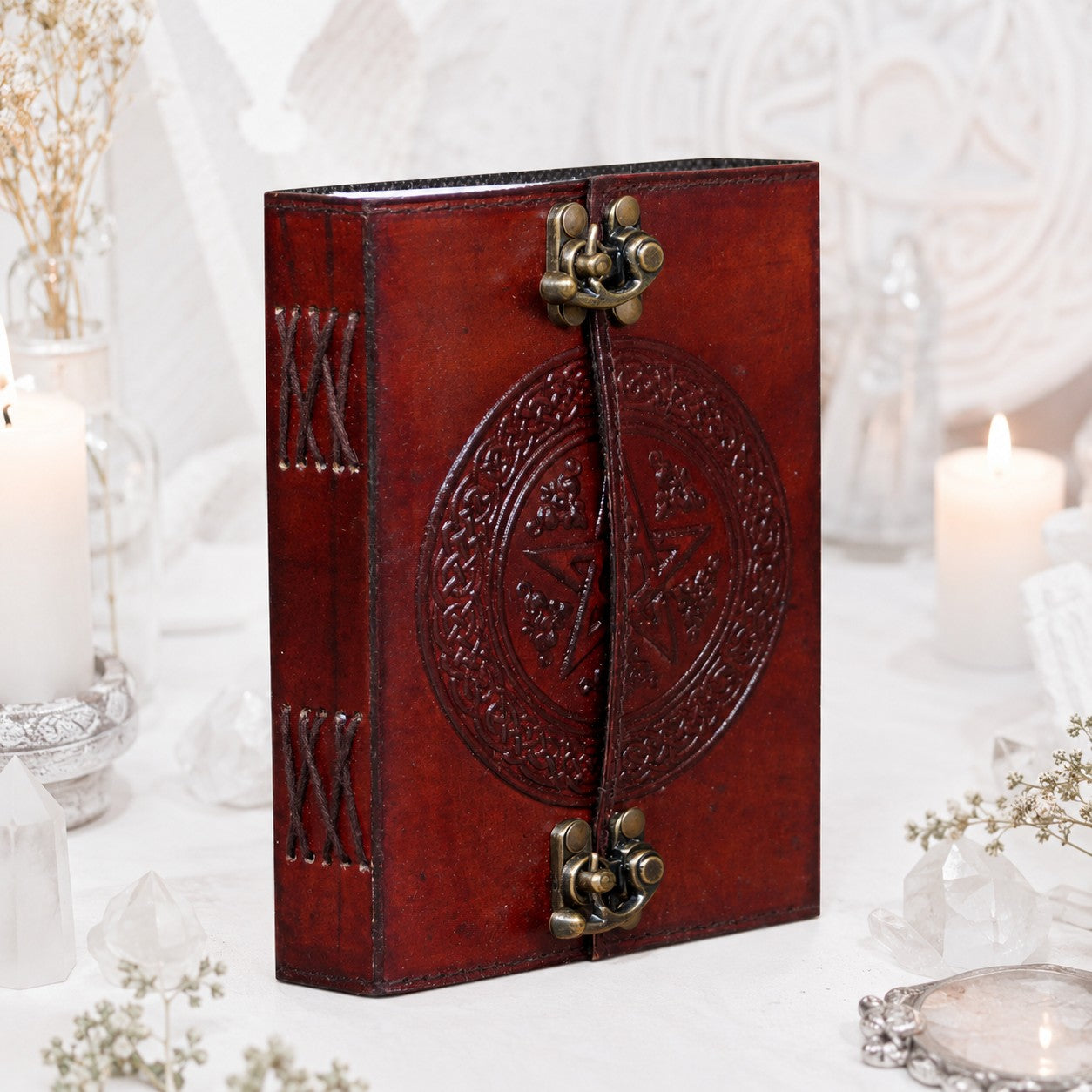 Pentagram Leather Journal with Double Brass Lock – Handmade Witch Grimoire – leather journal, close-up cover detail