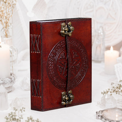 Pentagram Leather Journal with Double Brass Lock – Handmade Witch Grimoire – leather journal, close-up cover detail
