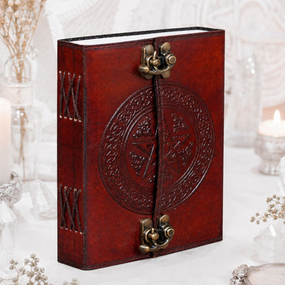 Pentagram Leather Journal with Double Brass Lock – Handmade Witch Grimoire – leather journal, front cover view