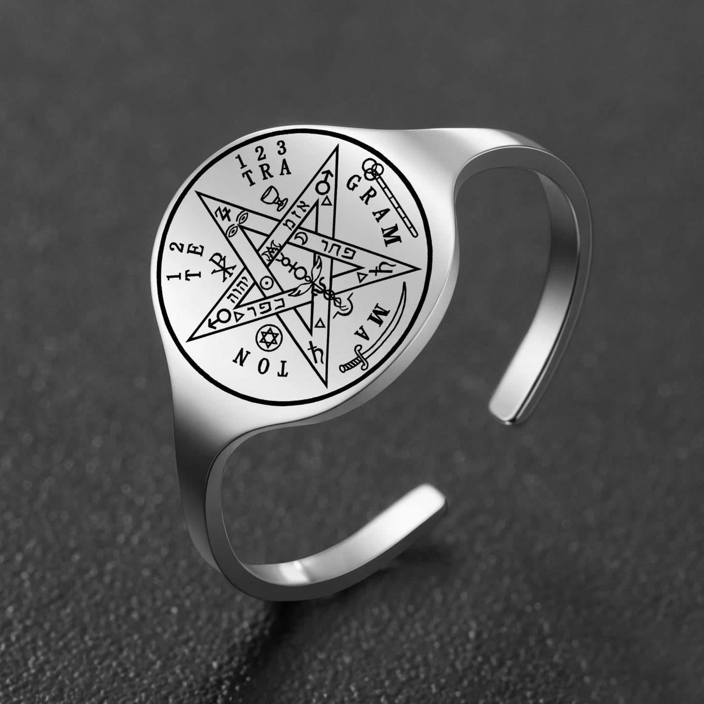 Pentagram talisman ring worn on hand – stainless steel adjustable Wiccan Pagan spiritual protection ring