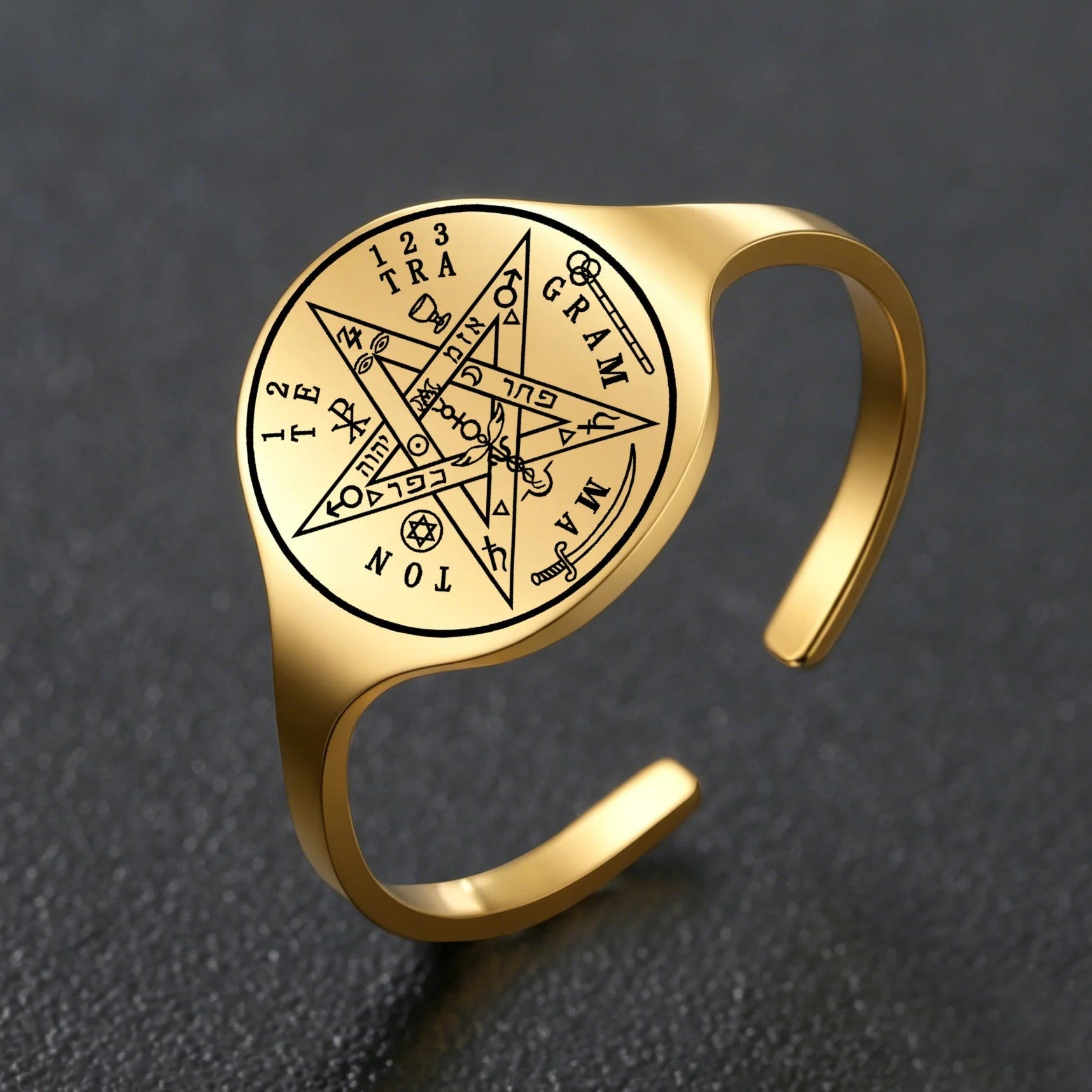Pentagram signet ring silver version – occult Tetragrammaton Wiccan amulet jewellery gift